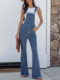 Front view of Prairie Belle raw hem denim overalls with flared legs and western-inspired casual denim outfit styling.