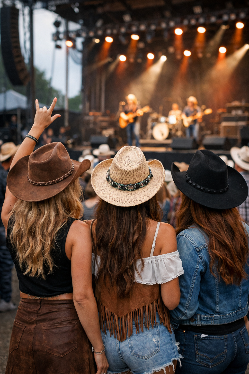 Woman wearing western cowgirl outfits and cowboy hats at a country concert representing the Westynwild western lifestyle and fashion brand.