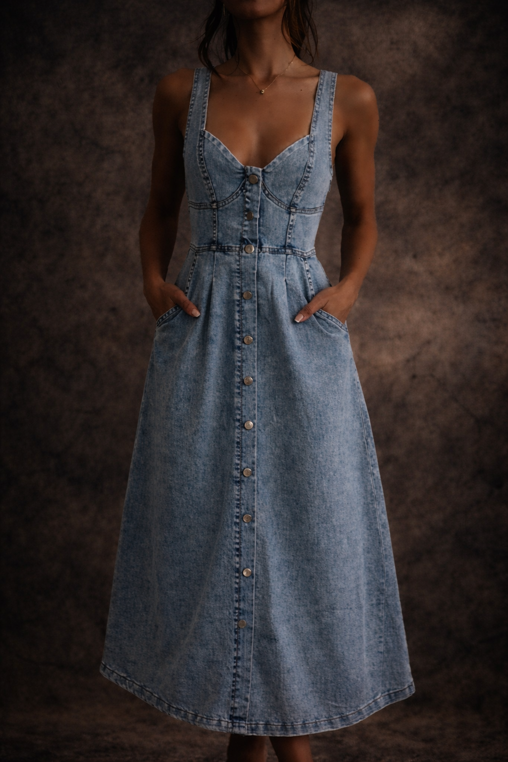 Woman wearing a vintage wash denim midi dress with button front detail and western-inspired style for Westynwild boutique.