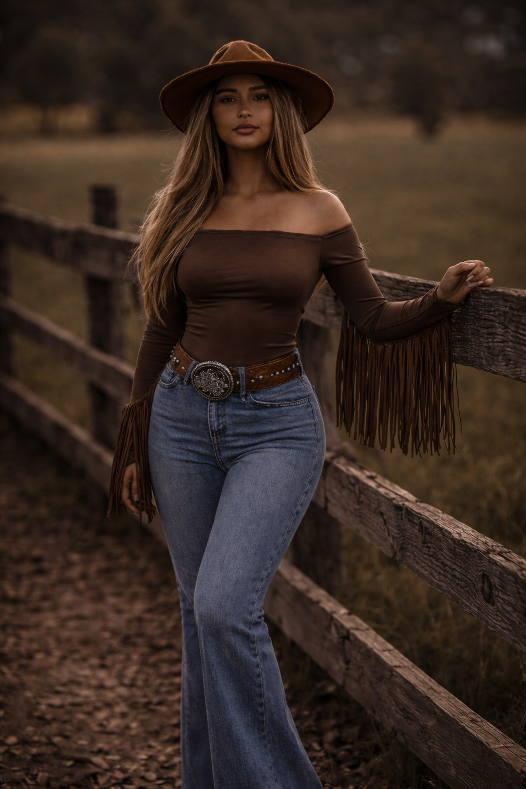 Woman wearing a brown fringe western top, flare jeans, cowboy hat, and western belt posing beside a rustic ranch fence for Westynwild boutique.