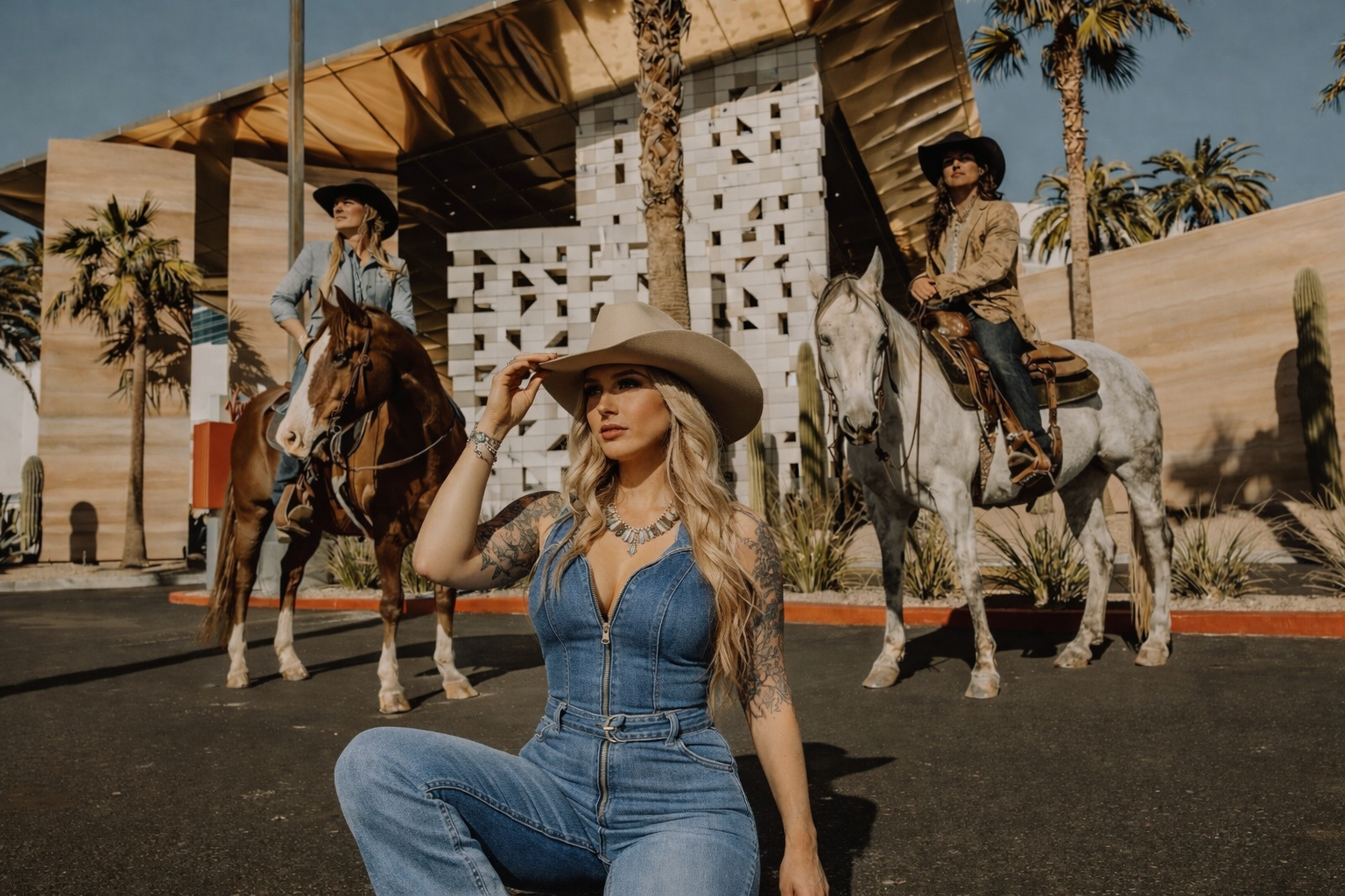 fashion-forward women in modern western wear on horseback, showcasing Westynwild women's western fashion